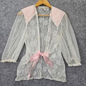 Vintage Lace Cardigan Womens XS S White Sheer Robe Angelcore EMIL BOLE USA 17x26
